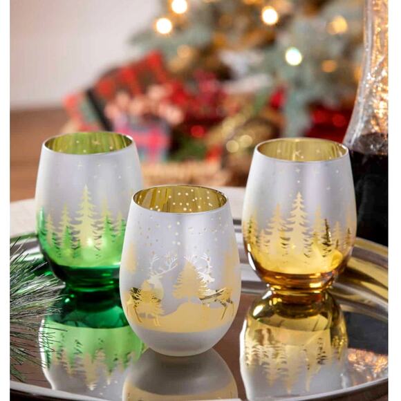 Christmas Frosted Stemless Wine Glasses 18oz Set of 2 Gold & Silver Holiday Glam - Picture 2 of 10